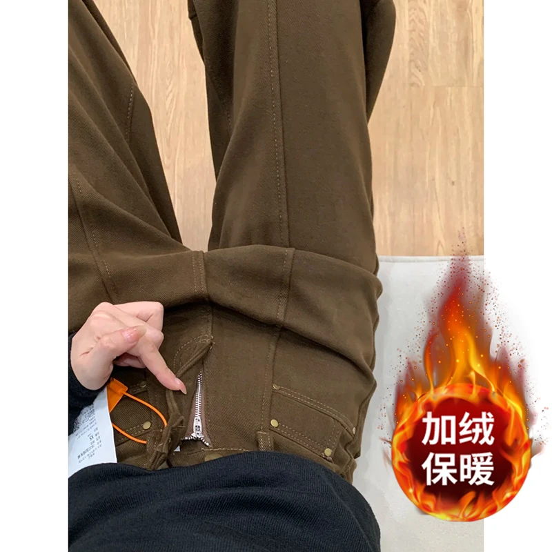 咖色加绒阔腿牛仔裤女2025秋冬新款设计感宽松显瘦复古百搭拖地裤