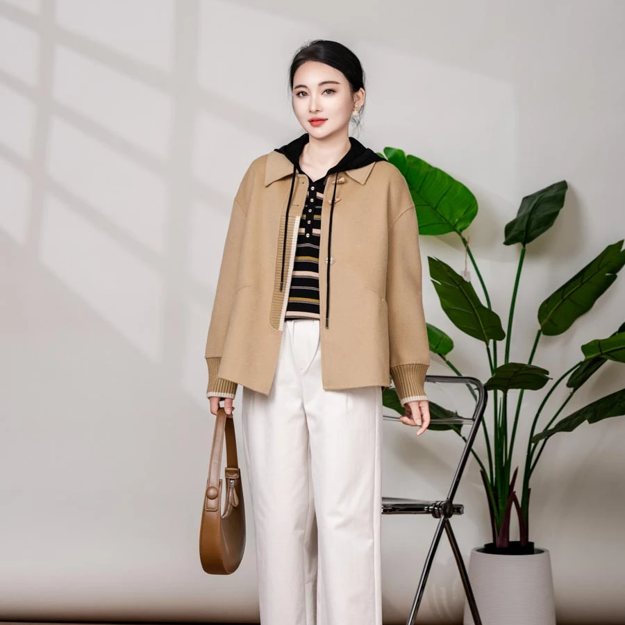 福利款秋冬女落肩袖宽松型毛呢外套短外套双面呢翻领秋季