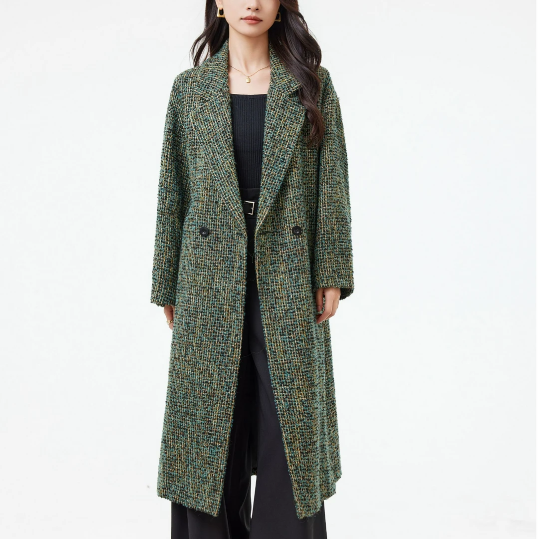 J55粗花呢单面大衣气质时尚休闲复古毛呢中长款