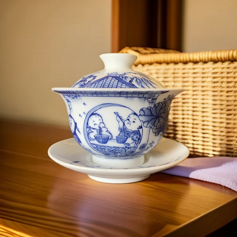 景德镇 九段烧 九段妙手 青花婴戏（吃面条）盖碗
