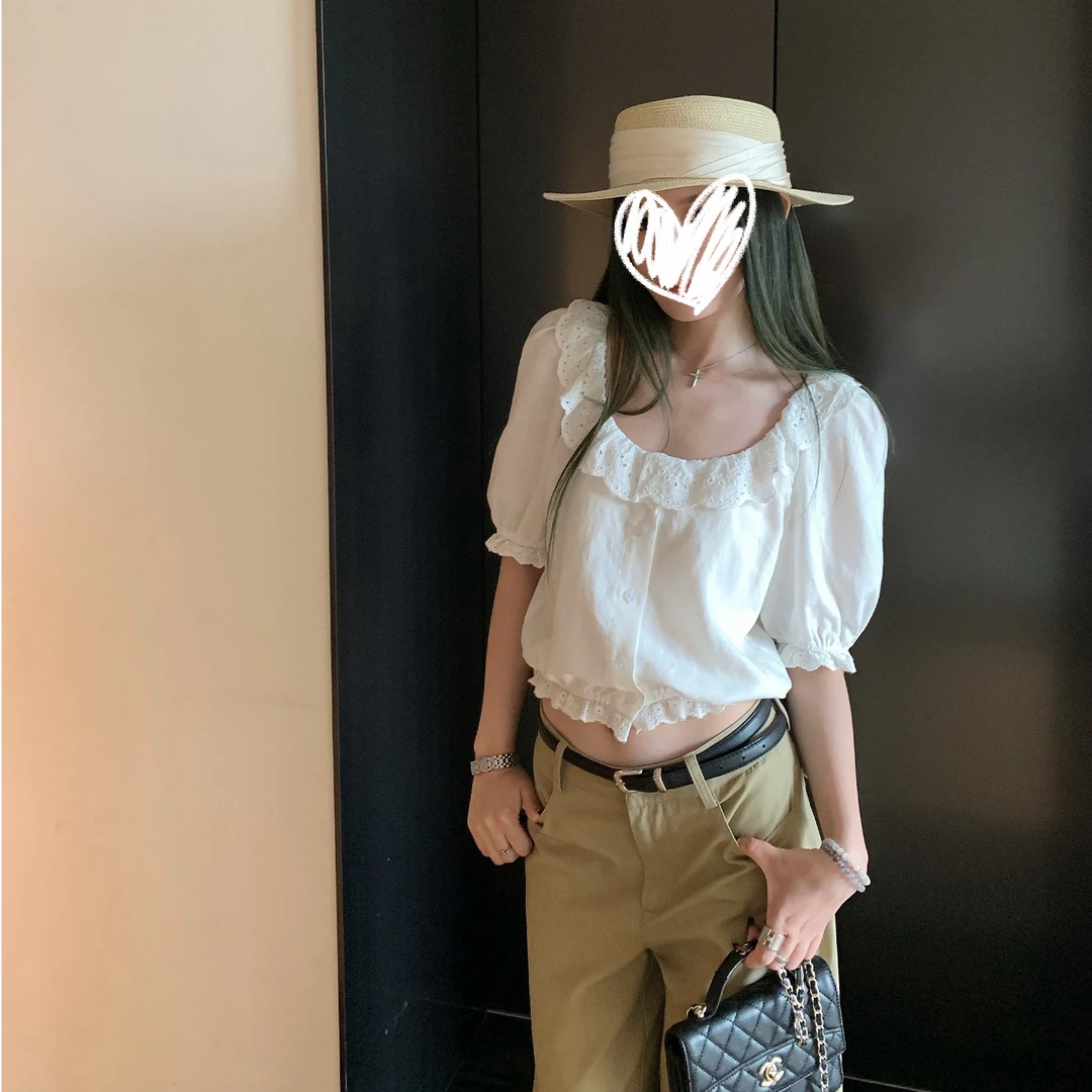 FCYSTUIDOHZJ柏油月亮白色提花小衫女夏法式气质修身花边亚麻衬衫