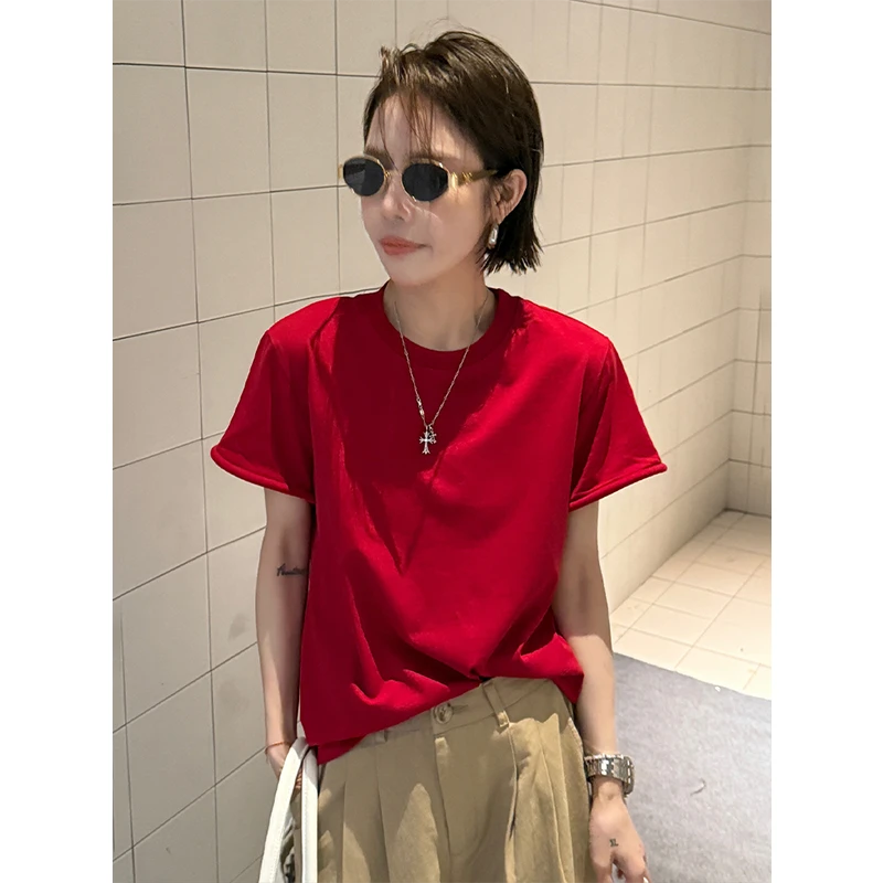 红色正肩短袖t恤女2025新款夏季韩系穿搭百搭宽松慵懒风显瘦上衣