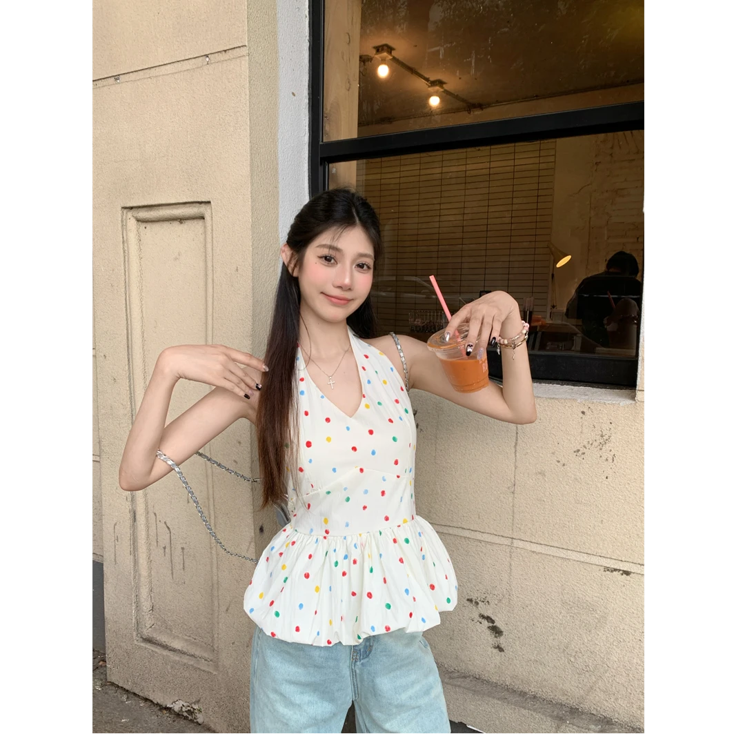 2025夏季新款甜辣妹风波点V领挂脖吊带背心女装夏季修身显瘦上衣