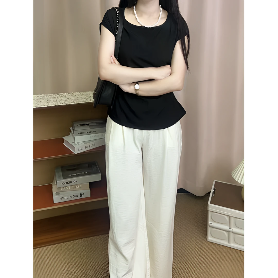 套装老钱风杂志风斜领纯色短袖T恤夏季搭配夏季休闲空气裤
