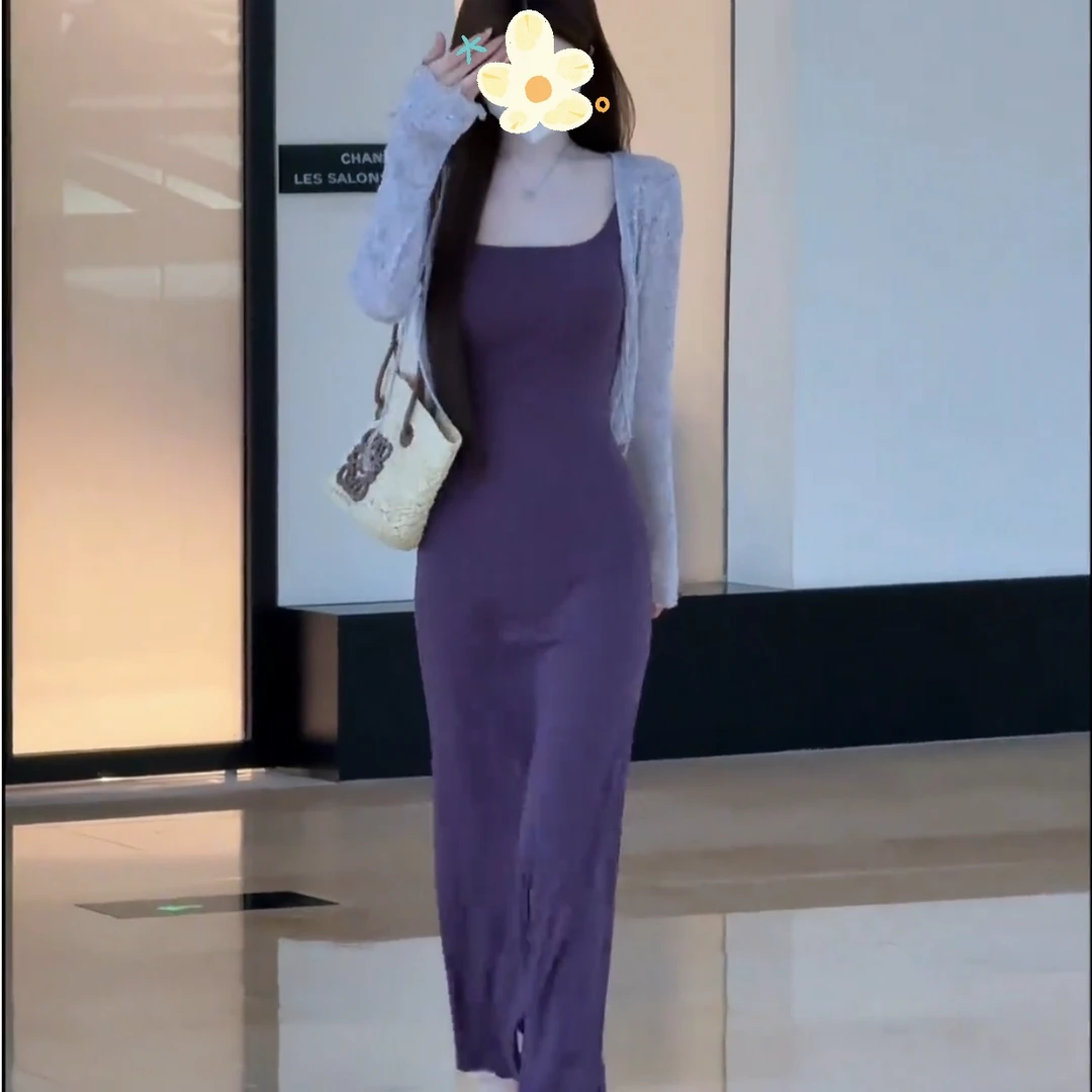 【美神曲线】独有魅力紫色方领气质收腰显瘦连衣裙+开衫两件套女夏