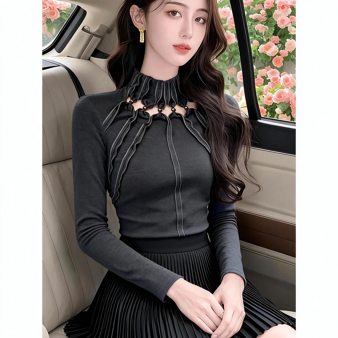 美式复古辣妹镂空长袖t恤女秋冬打底衫设计感修身显瘦半高领上衣