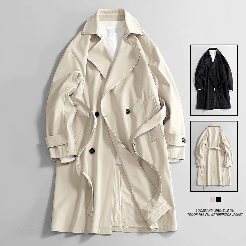 HE中长款外套男士春秋季新款韩版潮流风衣纯色防风夹克大衣男