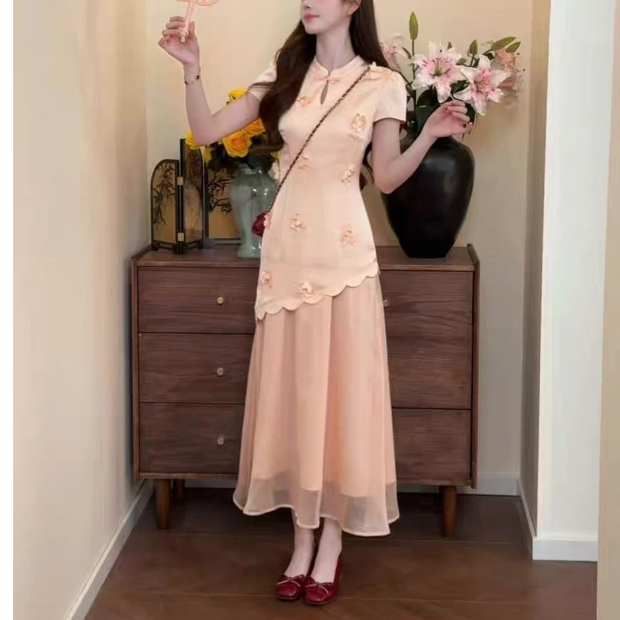 现605-2#新中式立体花朵造型假两件拼接设计感显瘦旗袍连衣裙