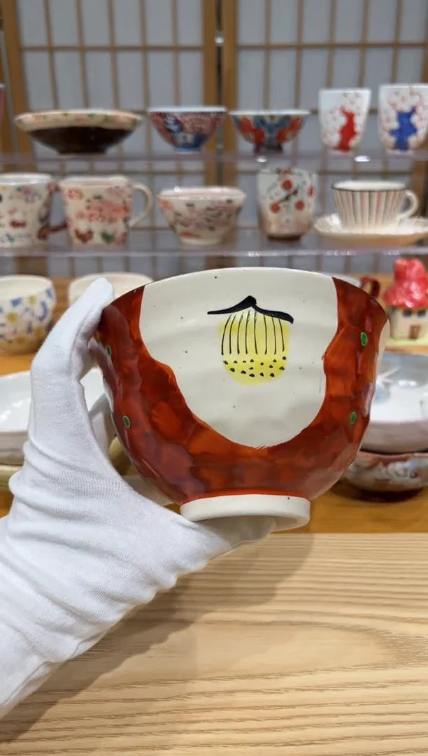 瓷片微瑕不退换-赤绘山茶花面碗-边沿轻微上色不均