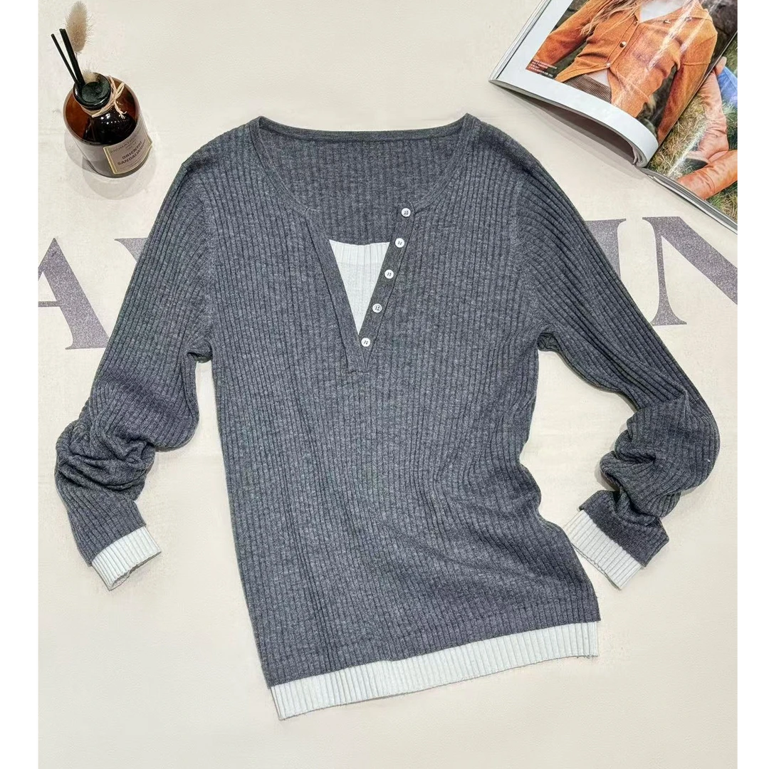 [68岁小姐姐]韩系经典坑条假两件时尚休闲针织长袖上衣D24YF 4794