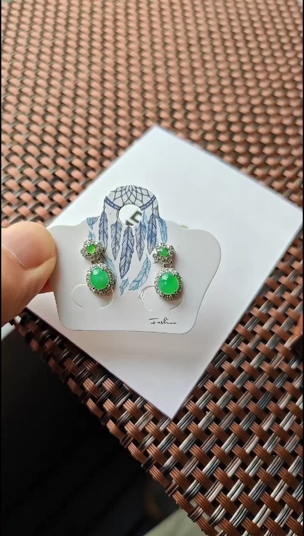 【闪购商品】翡翠耳饰银S925镶嵌翡翠耳饰S925银镶嵌