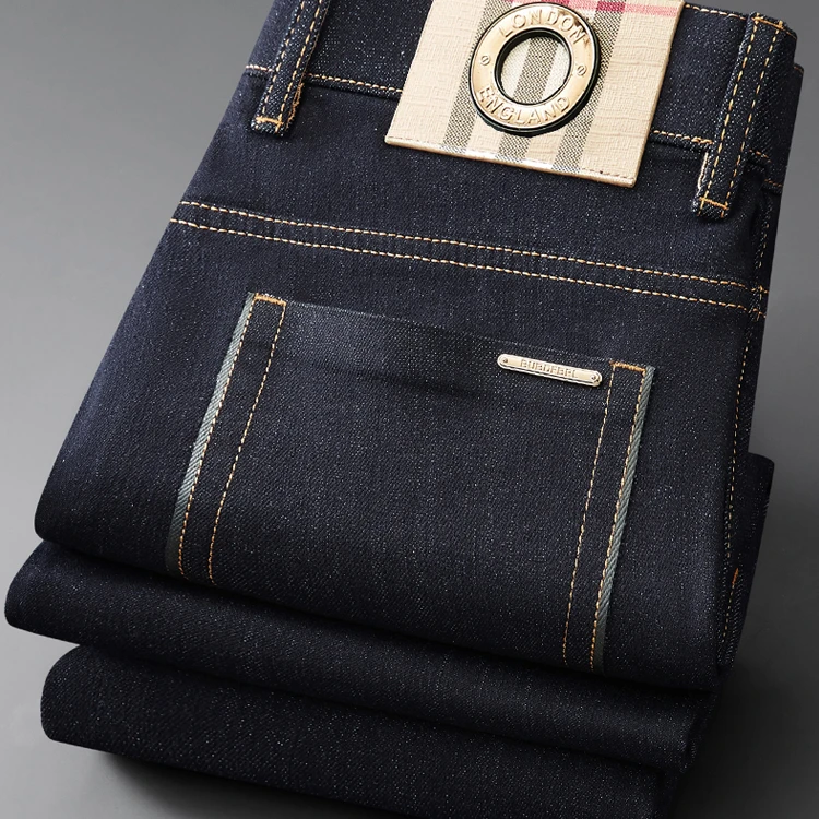 洛尼提日亚秋季蓝色男士牛仔裤金标口袋装饰修身小脚直筒休闲长裤