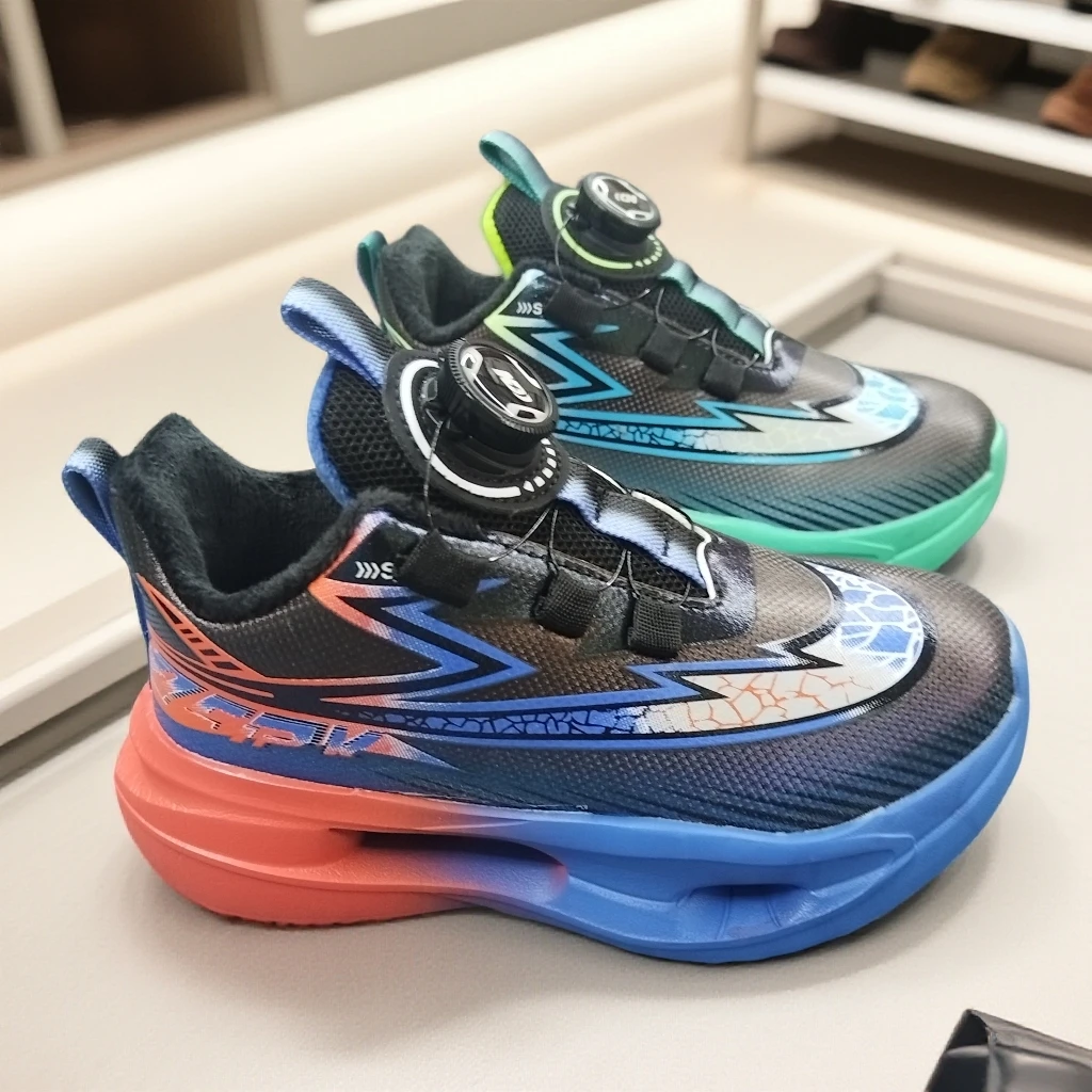 2526冬季皮面防水加绒运动男童跑步鞋中大童旋转纽扣保暖棉鞋二棉