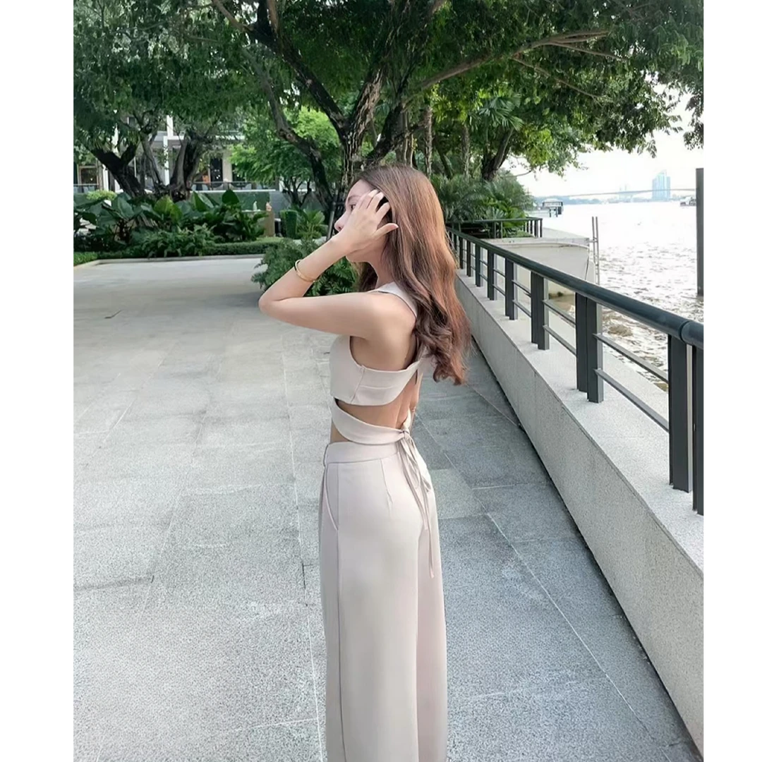 2025夏季新款小众设计感无袖交叉短款上衣女高腰显瘦直筒长裤套装