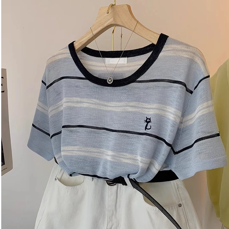 设计感小猫圆领卡通撞色女t恤衫女夏薄新款显瘦蓝色条纹针织