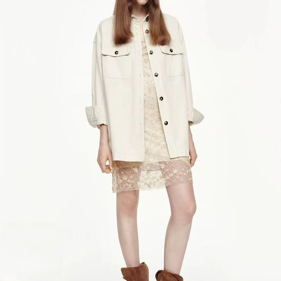 100棉~秋款工装风翻盖口袋复古简约宽松百搭衬衣外套H8643