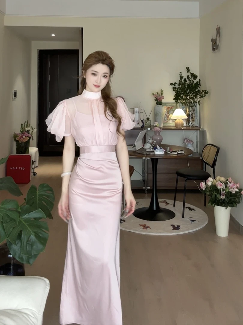 【佳人有约】粉色飞飞袖连衣裙套装出游约会温柔气质遮肉显瘦女装