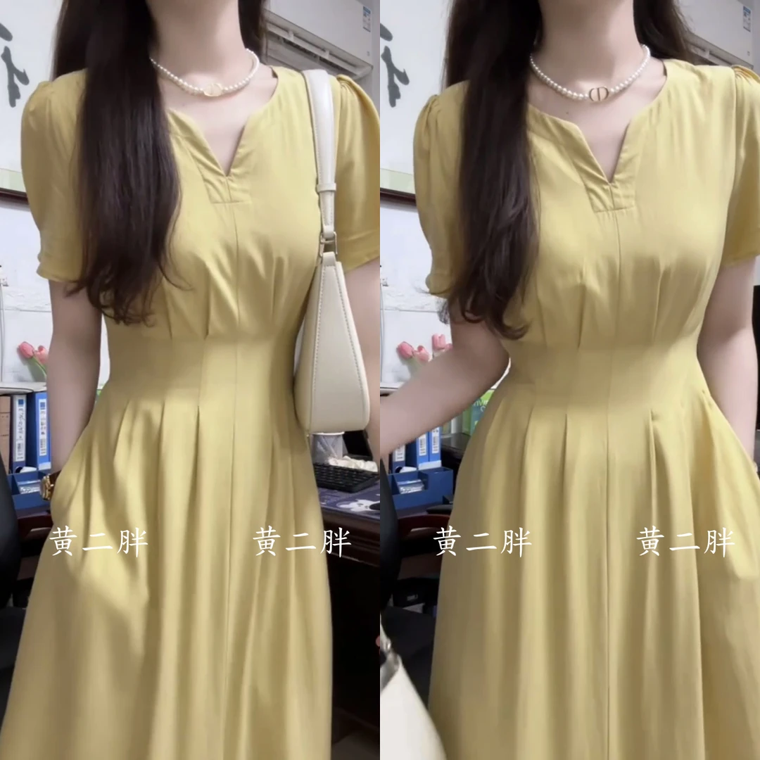 后背绑带收腰黄色连衣裙女复古气质简约通勤V领长裙2025夏季新款