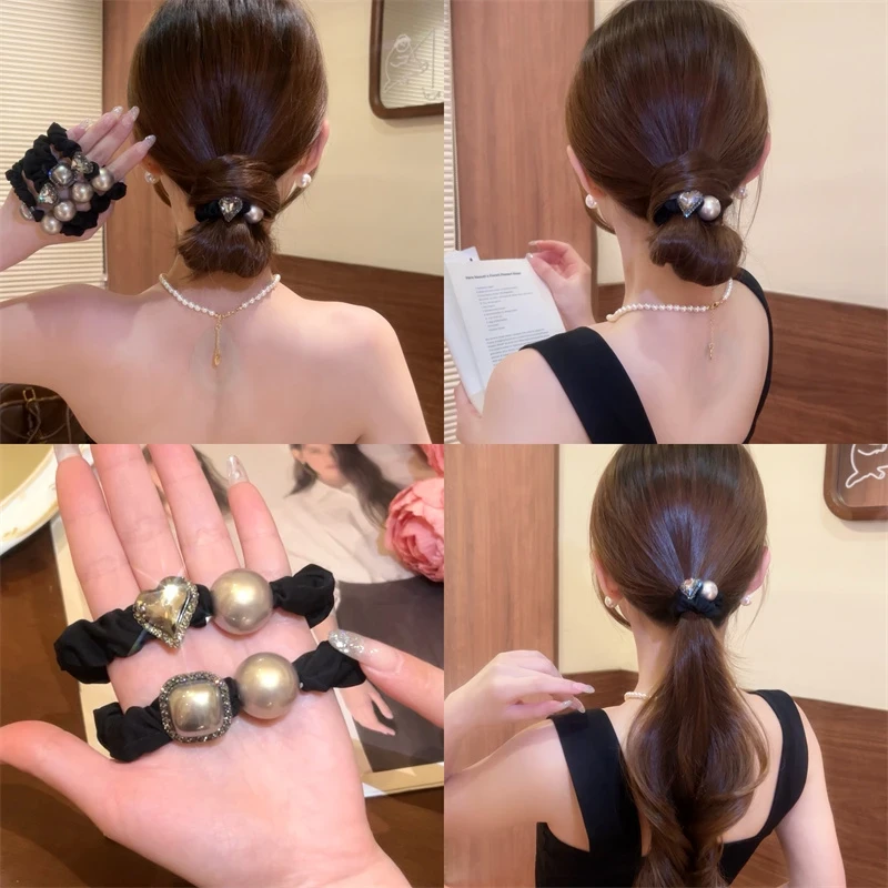 新款闪钻轻奢韩版珍珠小肠发圈丸子头马尾发绳2025款时尚发圈