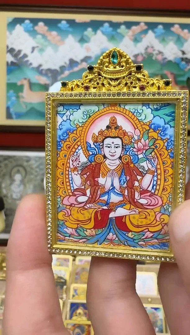 吊坠四臂观音-热贡纯手绘唐卡吊坠