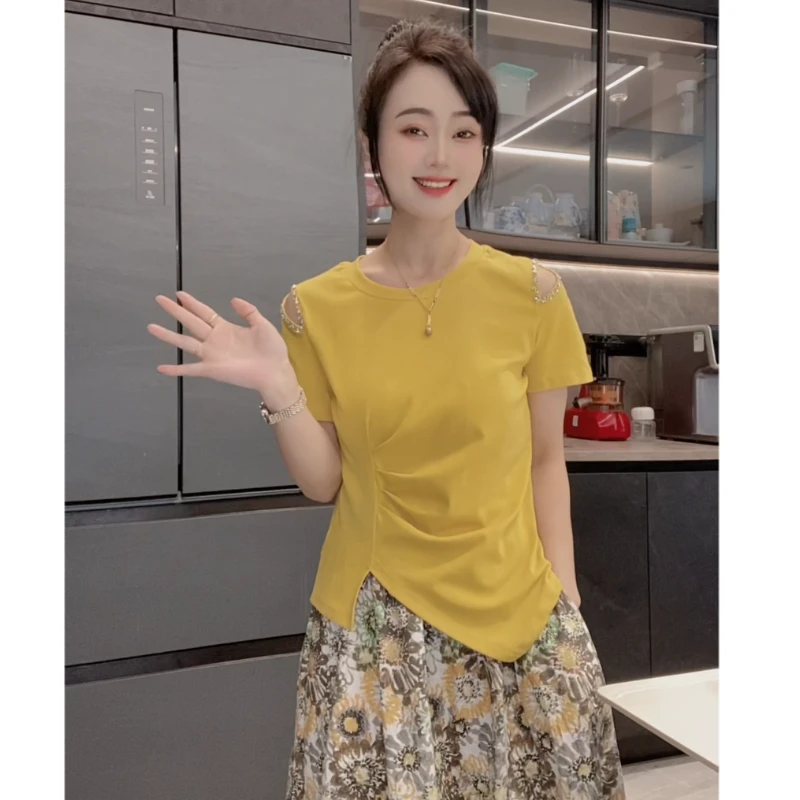韩版设计感小众钉珠露肩短袖T恤女褶皱收腰显瘦别致上衣夏