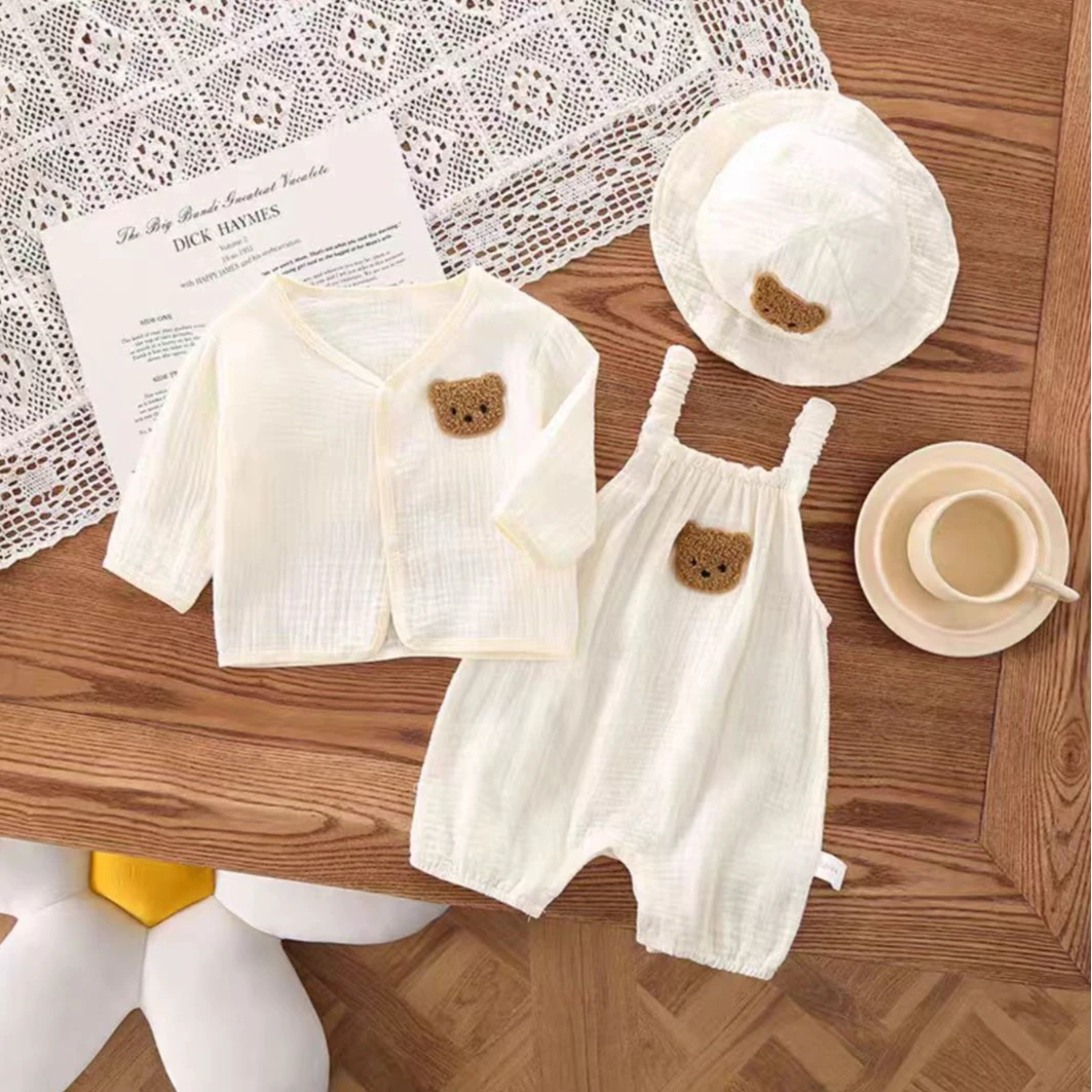 【可】婴儿连体夏季薄款宝宝纱布哈衣爬服新生儿衣服超萌夏装送帽子