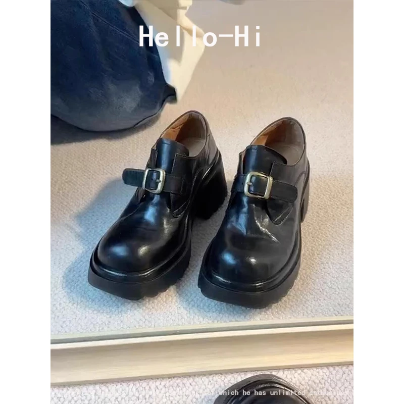 羊皮版~厚底增高乐福鞋女圆头皮带扣通勤单鞋英伦粗跟软皮小皮鞋