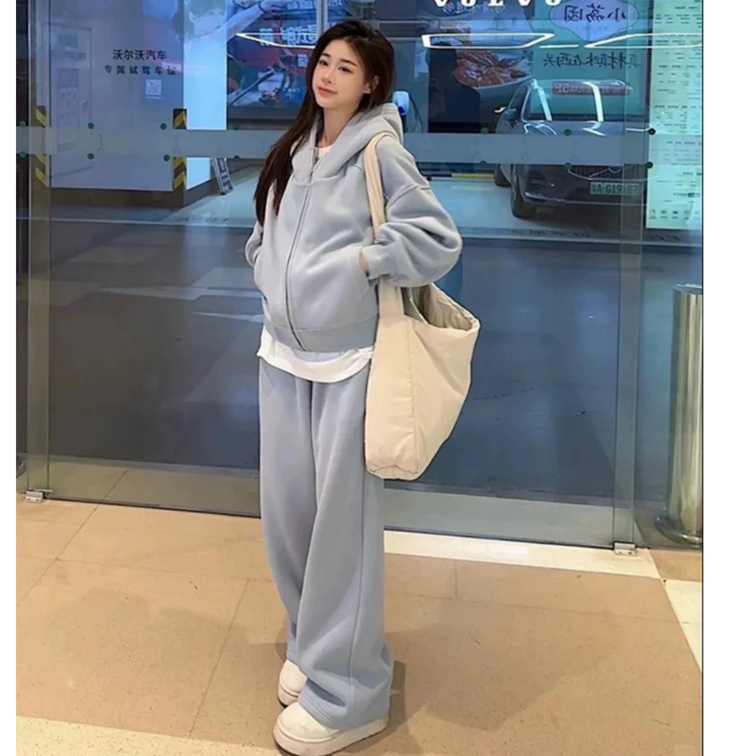 灰色宽松连帽卫衣运动套装女秋冬炸街BF加绒加厚休闲大码两件套