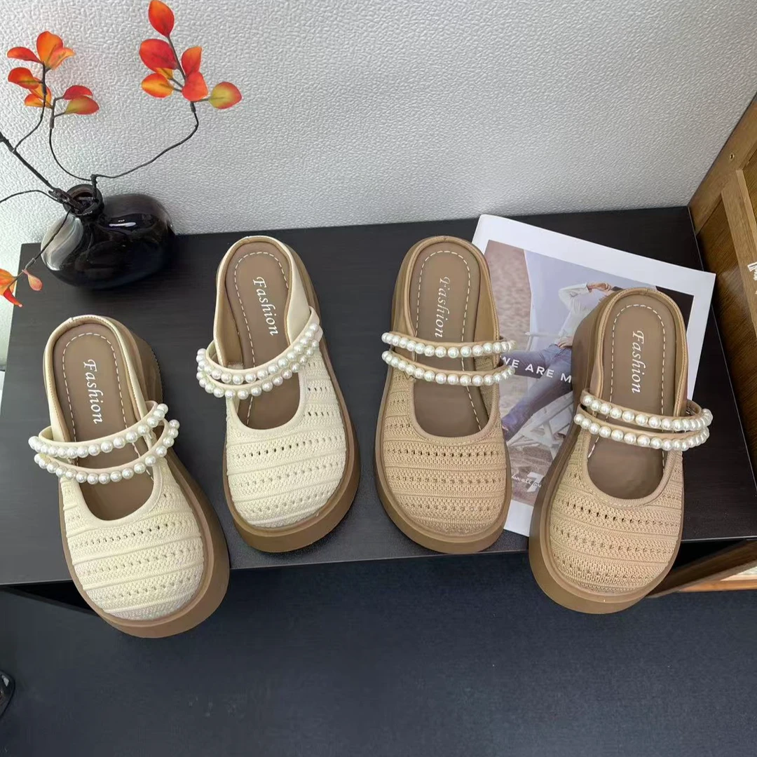 法式珍珠包头半拖鞋女夏外穿2025新款温柔仙女风厚底玛丽珍凉拖鞋