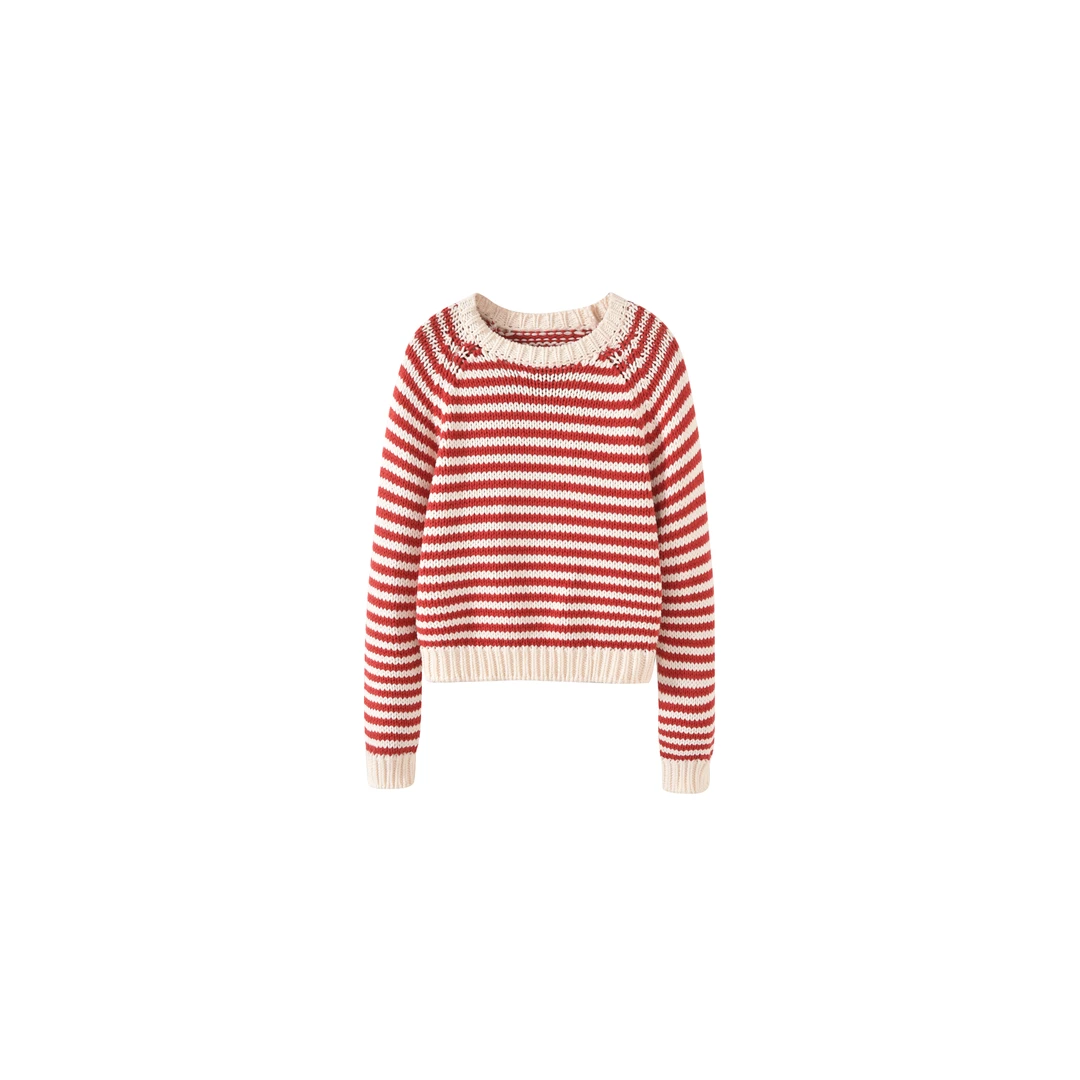 ICCLEK 红色条纹圆领针织衫 长袖 加厚 气质 名媛 宽松 -3531