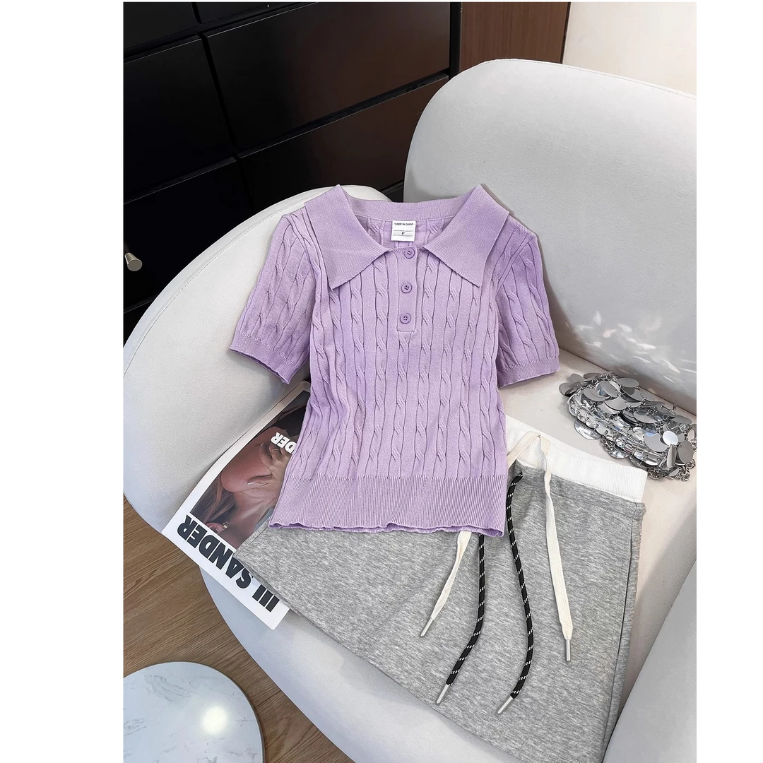 夏季新款爆款T恤正肩版型短袖Polo针织衫女美背杀辣妹学院风穿搭