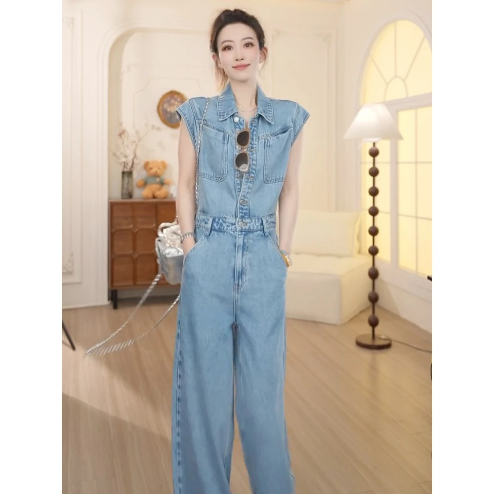 炸街时尚工装休闲裤简约慵懒风无袖蓝色牛仔连体裤女夏季2025新款