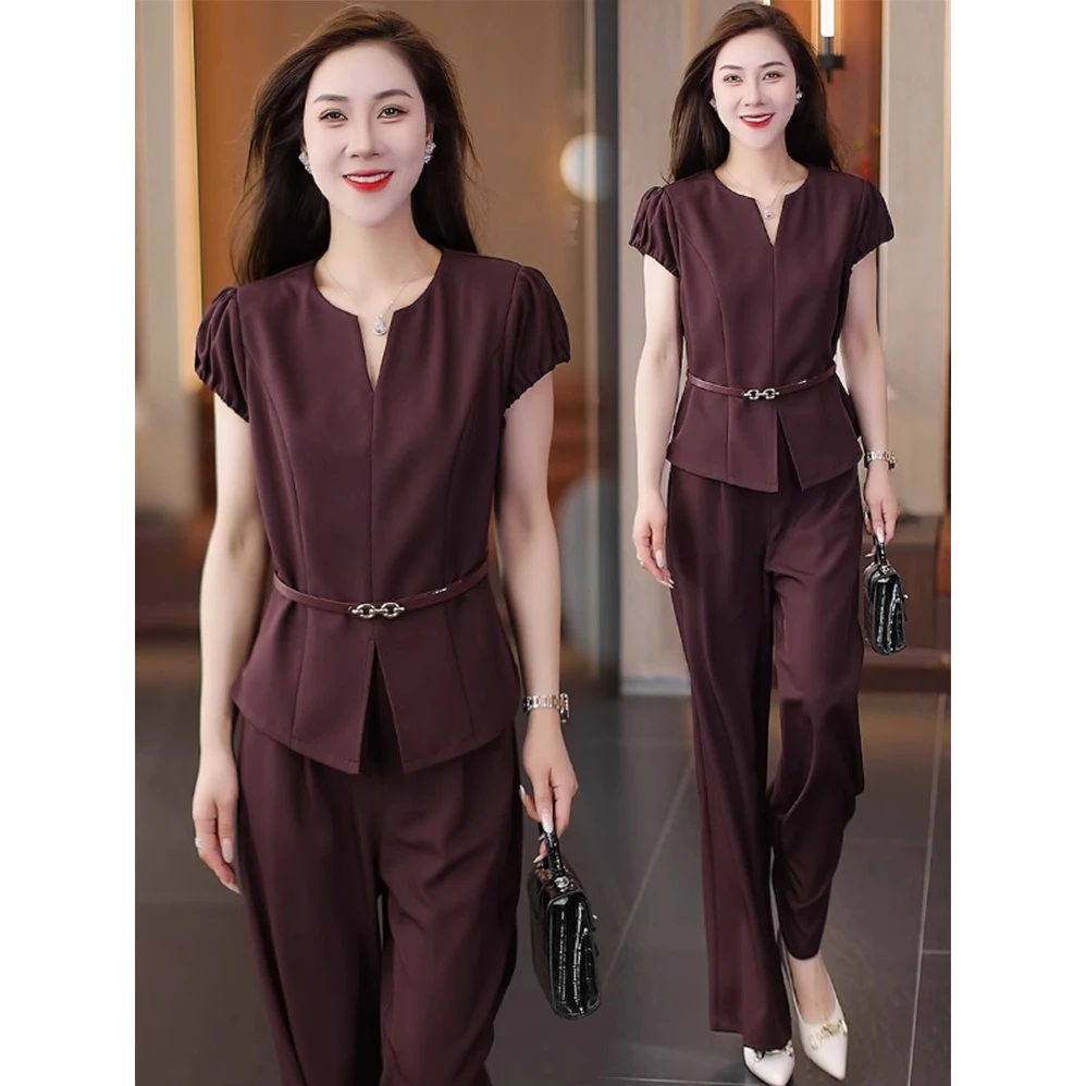 时尚女夏季新款洋气V领短袖女装职业气质短裤整套阔腿裤套装女士