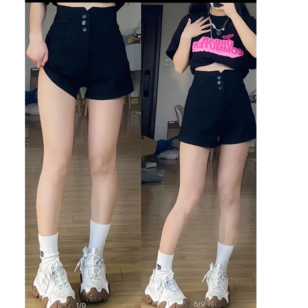 YOBARLA黑色弹力牛仔短裤女秋冬新款高腰宽松显瘦小个子a字阔腿裤