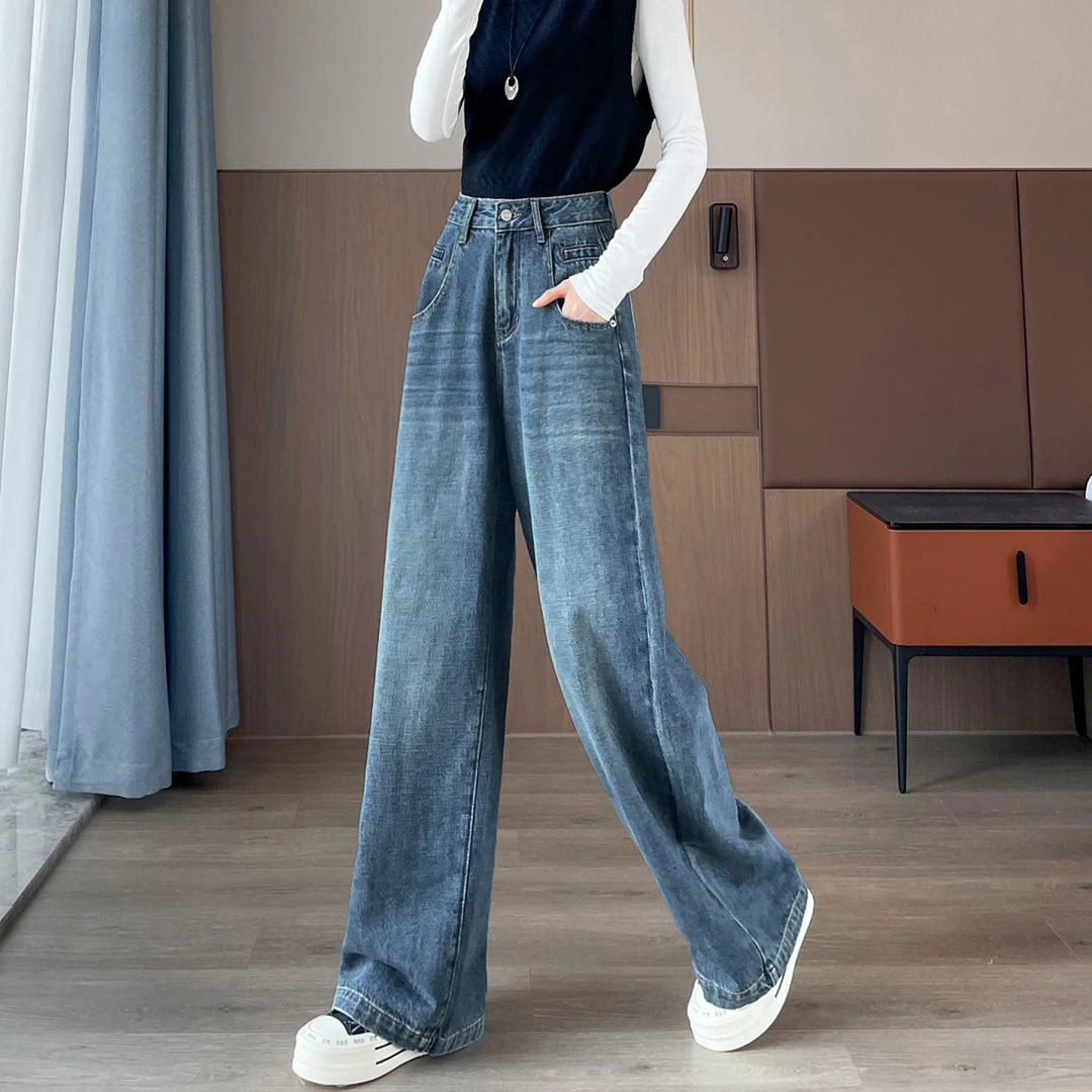 阔腿牛仔裤女春秋2025新款高腰显瘦大码梨形身材宽松直筒拖地裤子