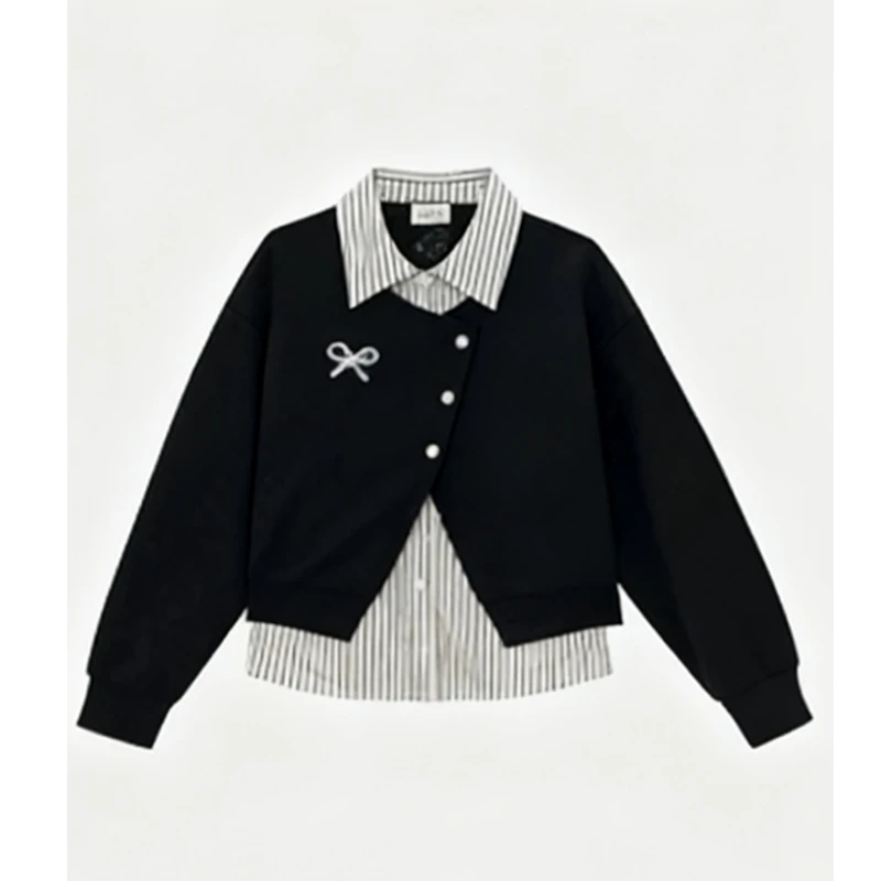 条纹拼接重工假两件卫衣女2025秋冬季新款宽松显瘦减龄polo领上衣