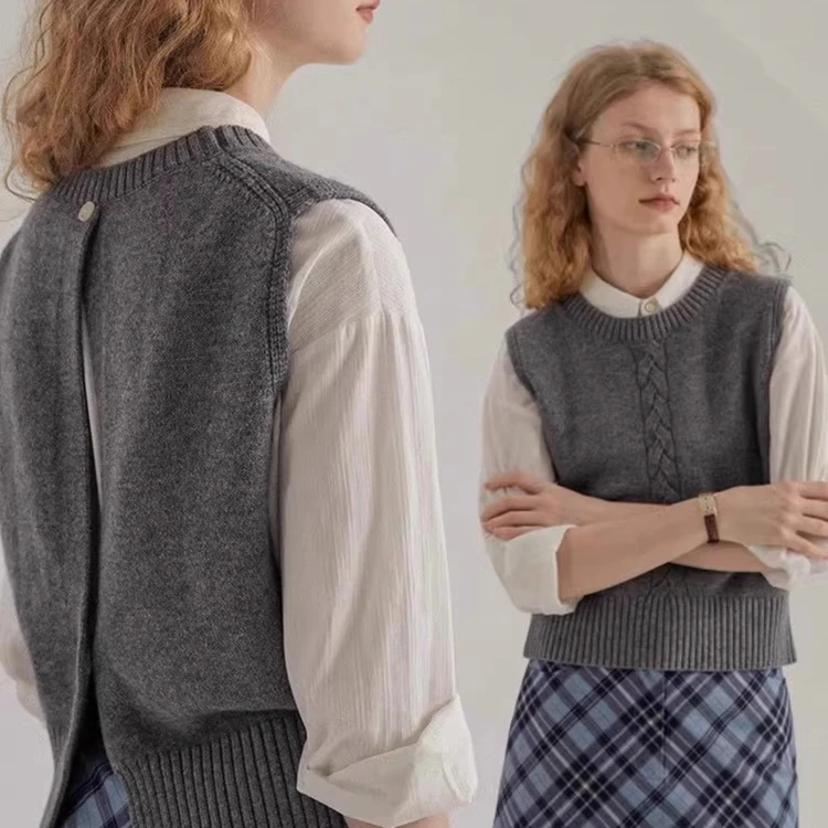 灰色圆领针织毛衣马甲女秋冬季外搭衬衫叠穿软糯无袖短款背心马夹