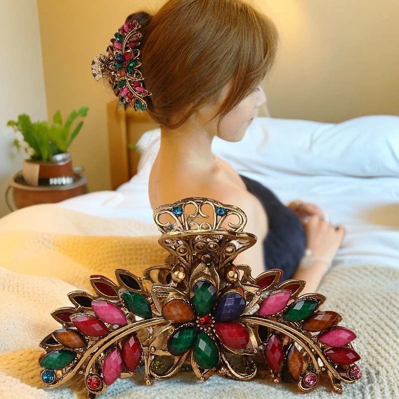 韩版女式发饰发抓复古镶钻水钻发夹女新款头饰马尾盘发抓夹鲨鱼夹