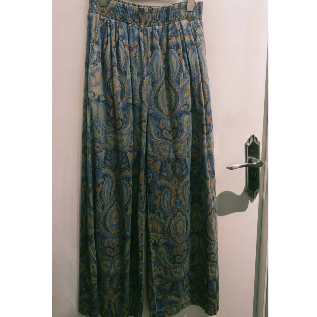 F1245复古印花高腰显瘦直筒阔腿裤女薄款休闲长裤