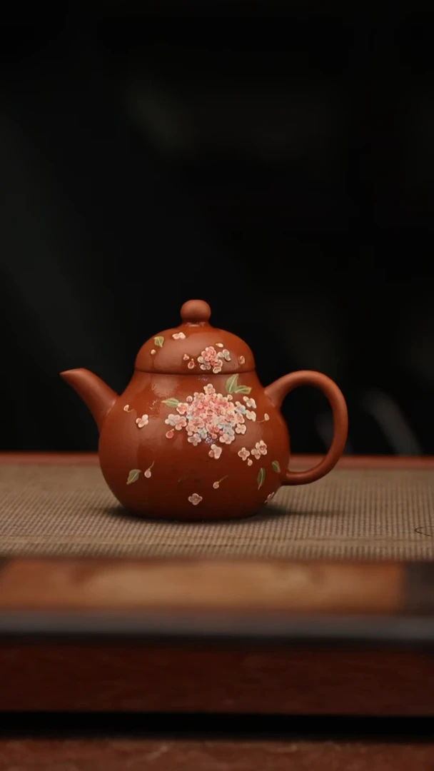 茶壶紫砂小红泥 高梨 110毫升 花团