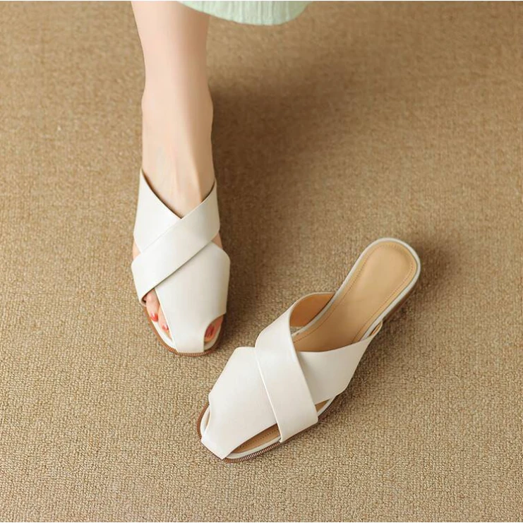 李大龙~羊皮2公分/新款夏季浅口时尚粗跟百搭休闲拖鞋5030