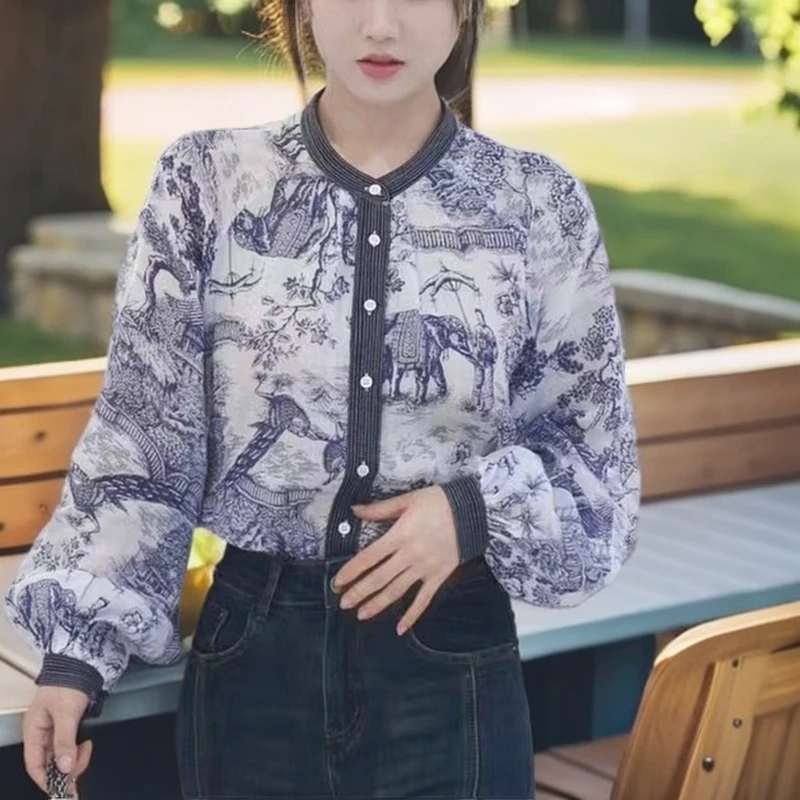 2025（艾美）女士青花瓷苎麻印花衬衫——长袖衬衣气质碎花薄款时尚