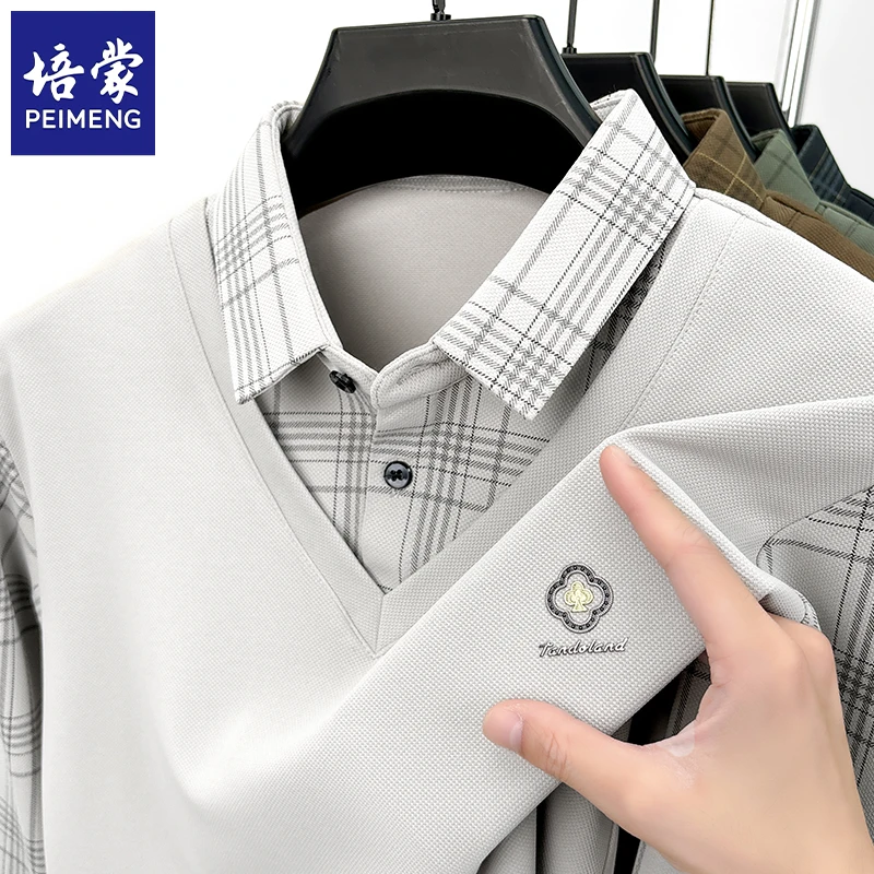 培蒙2025年春秋季男士新款假两件长袖T恤商务休闲宽松打底衫上衣