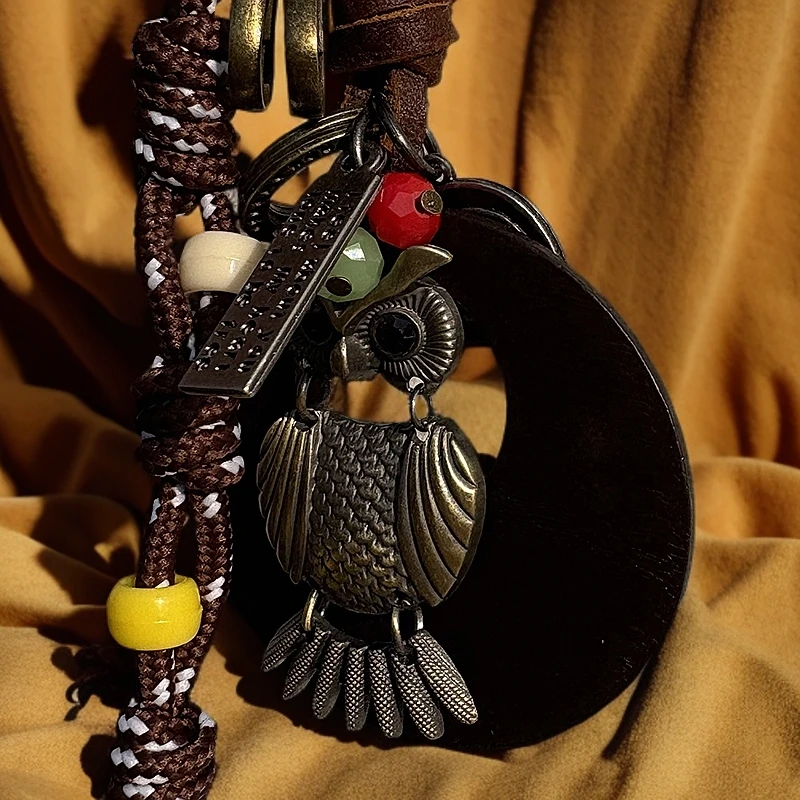 手工皮具DIY合金圆环幸运猫头鹰复古牛皮带绳包挂件创意钥匙扣