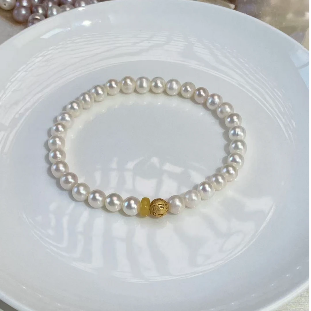 天然无核淡水珍珠镂空圆珠蜜蜡925银精致手链手串5.5-6mm