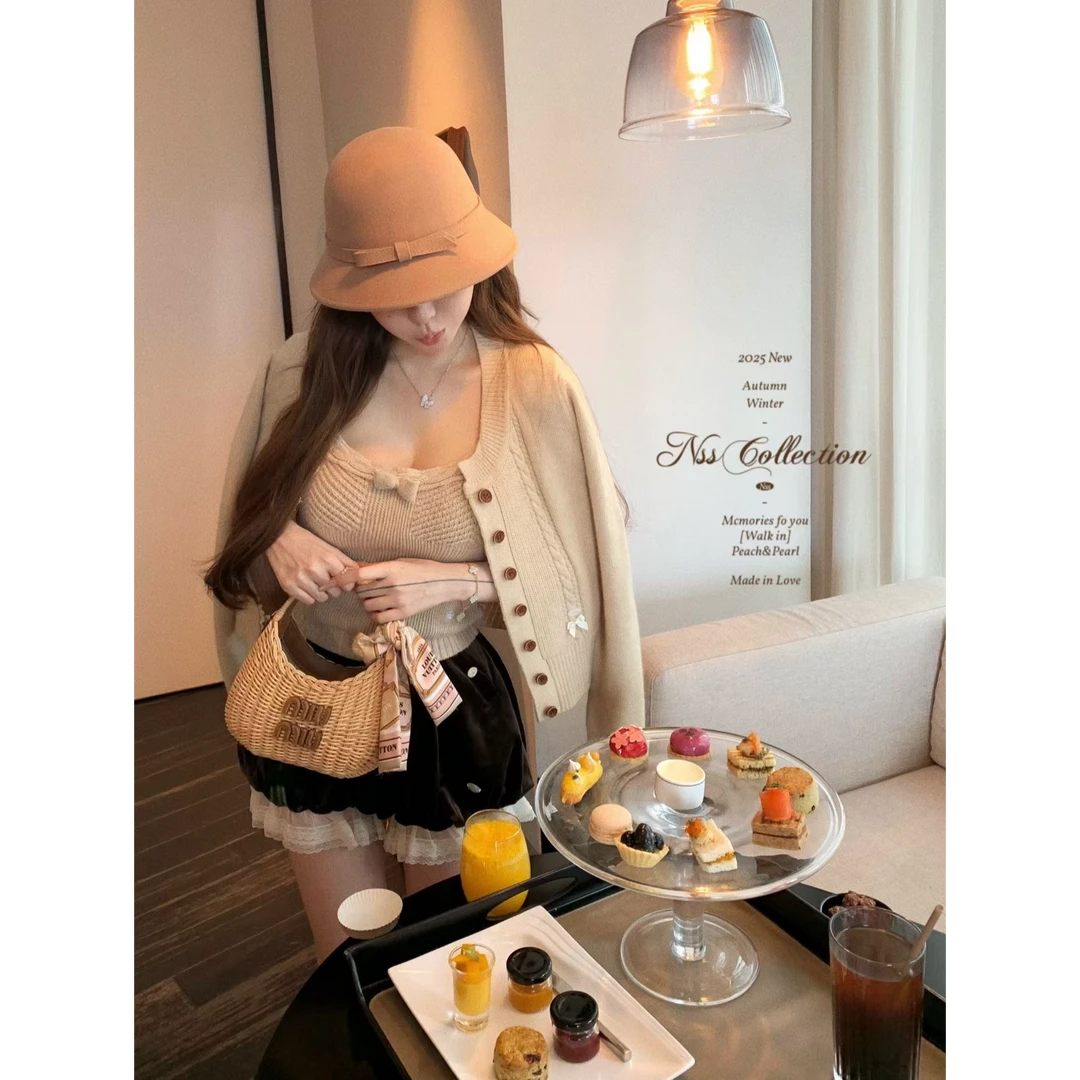 【甜妹心事】韩系甜美少女时尚miu系新款开衫配显瘦丝绒南瓜裤套装