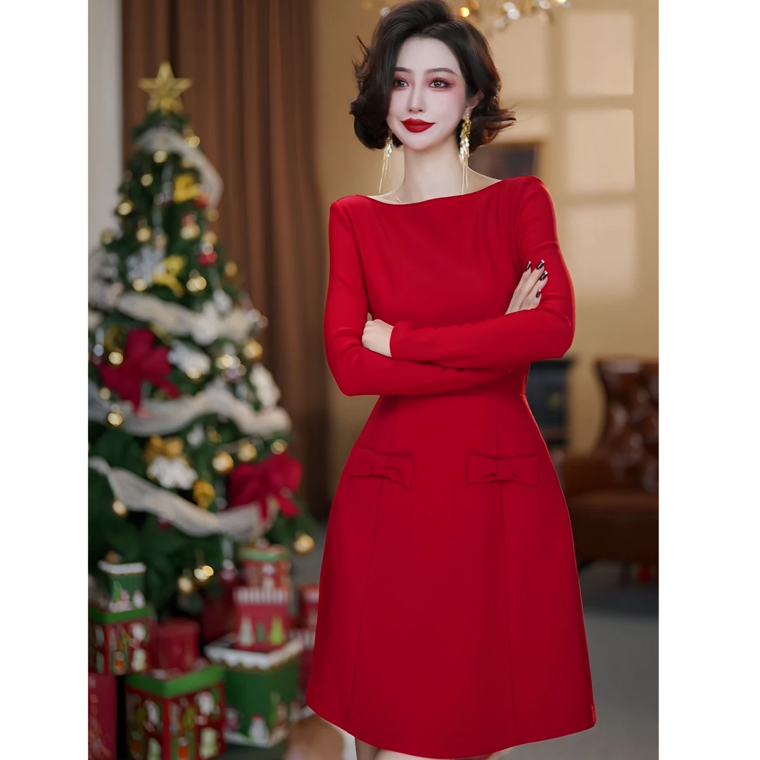 【大晶定制】秋冬新款气质红色优雅轻奢中长款收腰连衣裙-DJ10093