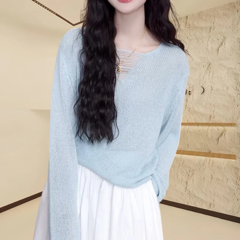 秋季时尚减龄V领针织衫女2025秋季新款韩版洋气宽松百搭长袖上衣