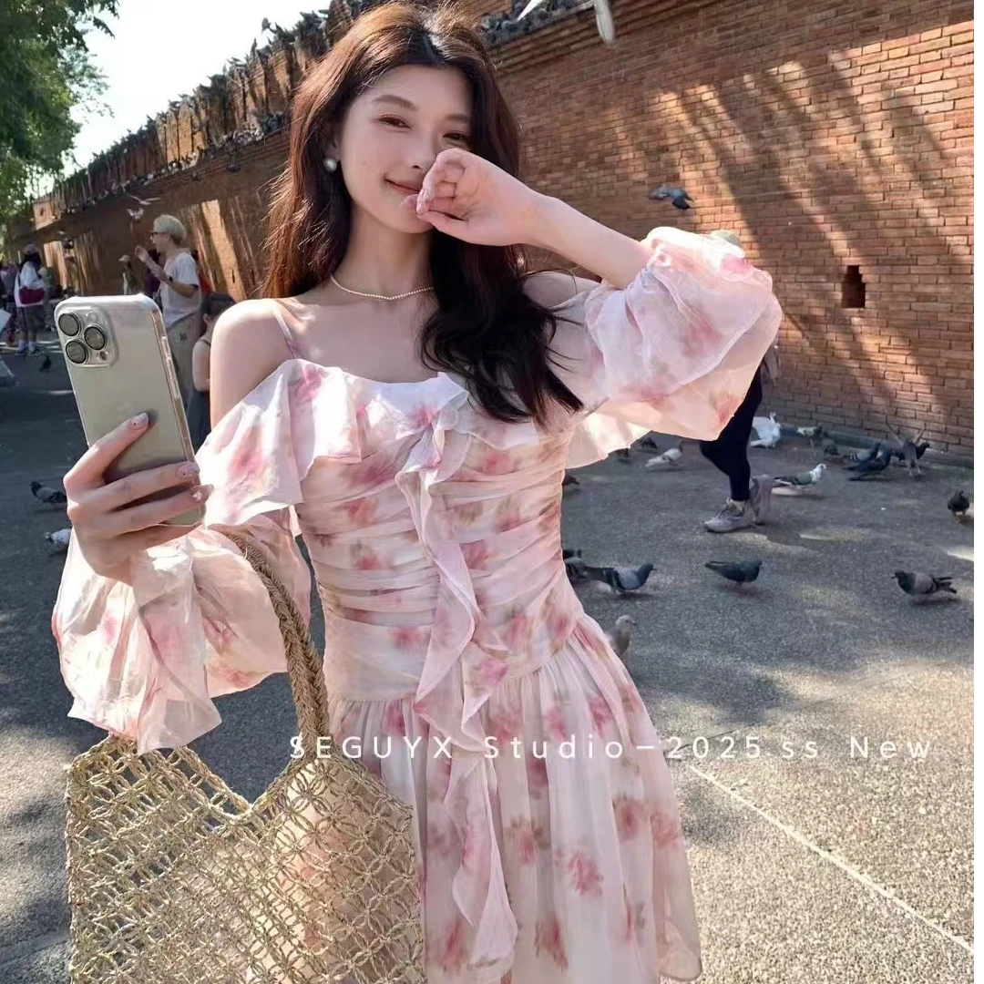 吊带常规秋季碎花法式南法连衣裙荷叶边甜美泡泡袖小众气质