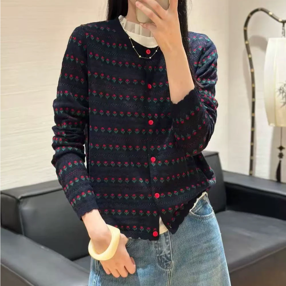 美红家    早秋圆领玫瑰花图案长袖针织开衫